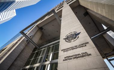 Logo of the international civil aviation organization, on their headquarters office in Montreal, Canada